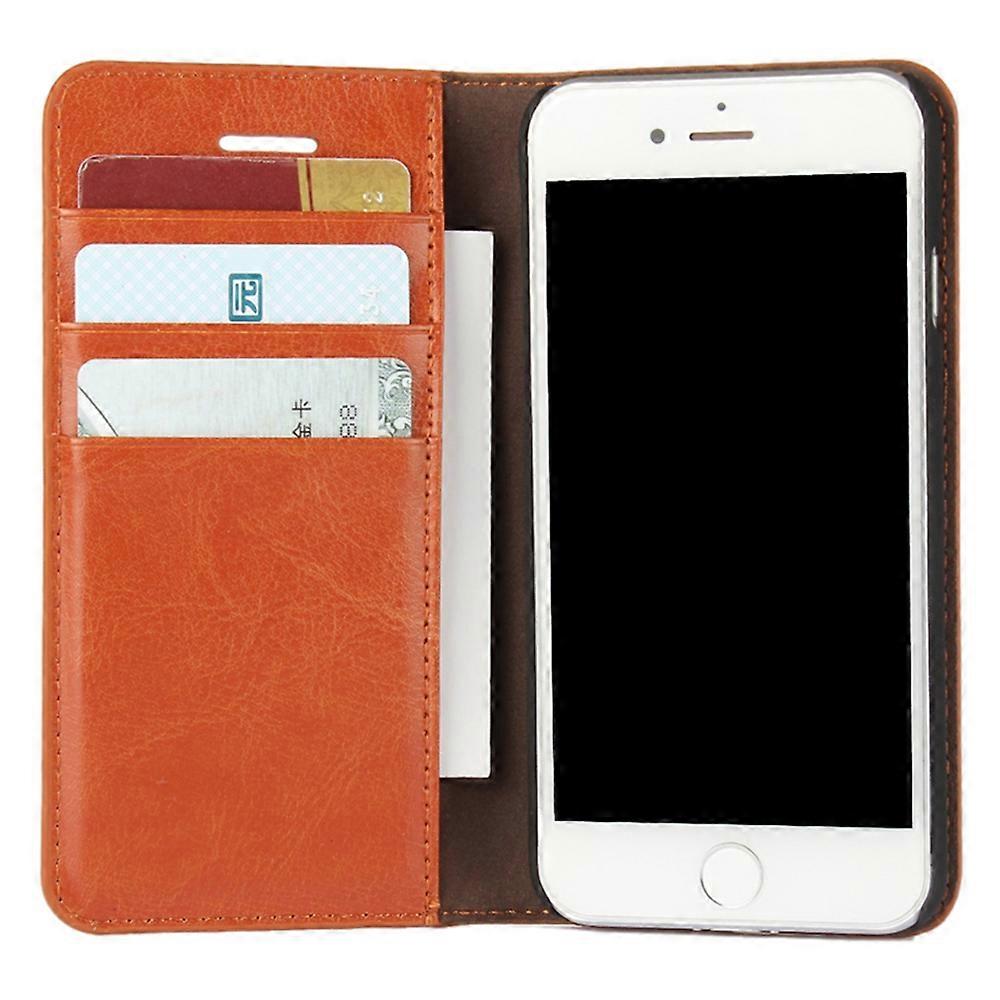 For iPhone SE (2020)/SE (2022)/8/7 4.7 inch Oil-Rimmed Crazy Horse Genuine Leather Attached Hard PC Inner Case Wallet Stand Flip Phone Case Brown
