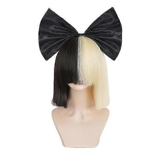 Short Ombre for Women Straight SIA Cosplay Black Blonde Bob Wigs with Bangs Synthetic Fake Hair Wig and Black Big Bow Wig and Black Bigbow 14 Inch