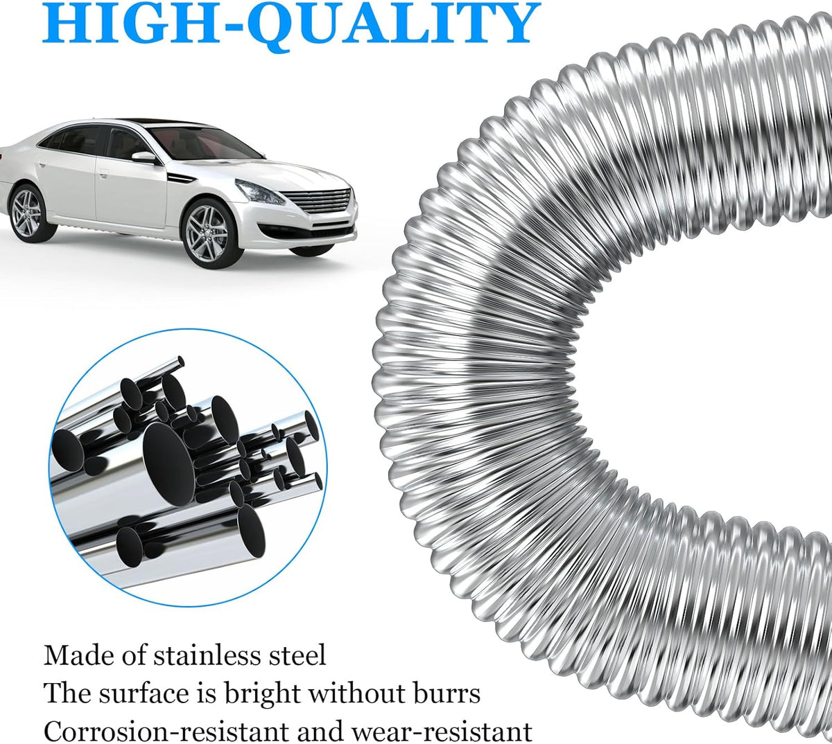 Air heater hose, 300 cm Ø 2.5 cm stainless steel exhaust pipe, parking heater pipe with 2 hose clamps, for parking heater 300CM