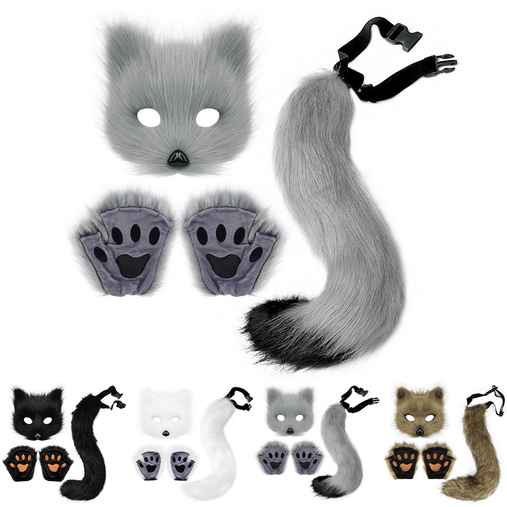 Therian Paws Fur Mask & Tail Set Girly Cat Mask Halloween Party Costume_yux White