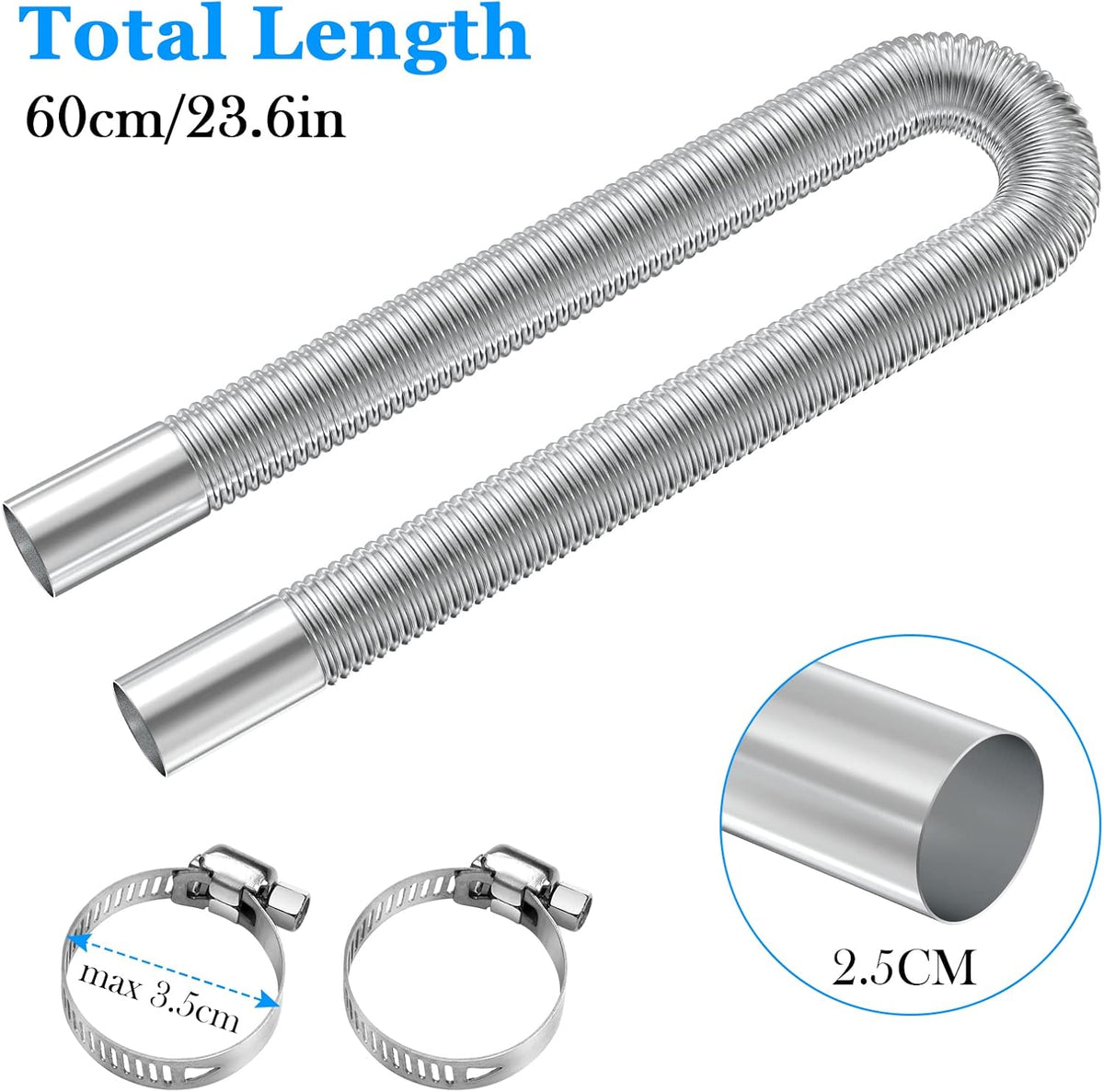 Exhaust pipe for parking heater, 60 cm stainless steel exhaust pipe car exhaust pipe with 2 stainless steel clamps for diesel heater_sai 60cm
