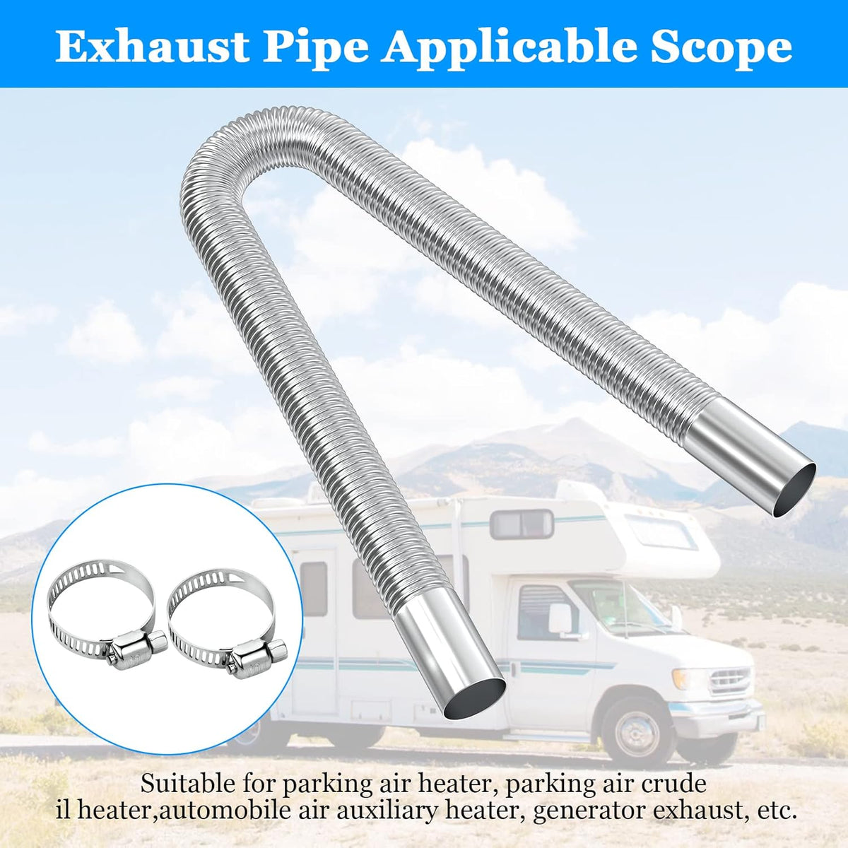 Exhaust pipe for parking heater, 60 cm stainless steel exhaust pipe car exhaust pipe with 2 stainless steel clamps for diesel heater_sai 60cm