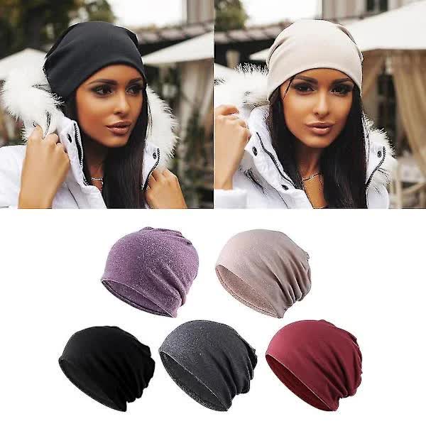 5-Pack Slouchy Baggy Beanies Chemo Hats - Khaki + Black + Grey + Burgundy + Purple