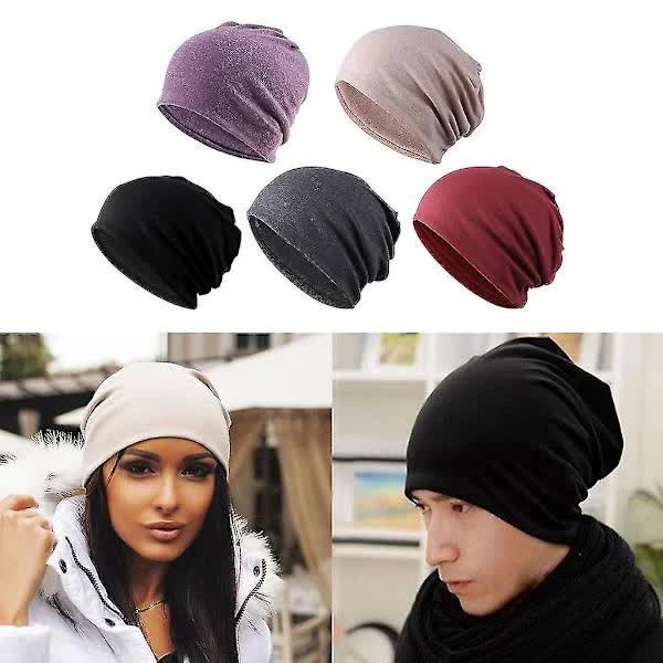 5-Pack Slouchy Baggy Beanies Chemo Hats - Khaki + Black + Grey + Burgundy + Purple