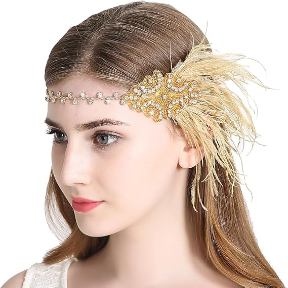 Vintage Flapper Headband 1920s Art Deco Sparkly Hairband Gatsby Feather Headpiece_yux