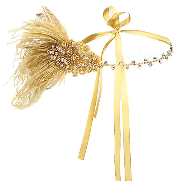 Vintage Flapper Headband 1920s Art Deco Sparkly Hairband Gatsby Feather Headpiece_yux