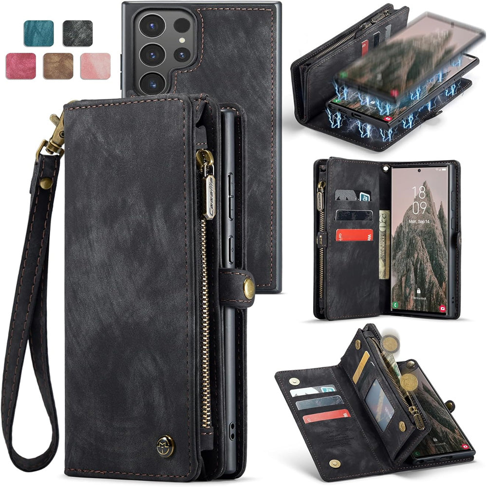 2-in-1 Detachable Wallet Case for Samsung S25, Retro Leather Flip Case with Card Holder & Magnetic Zipper Black