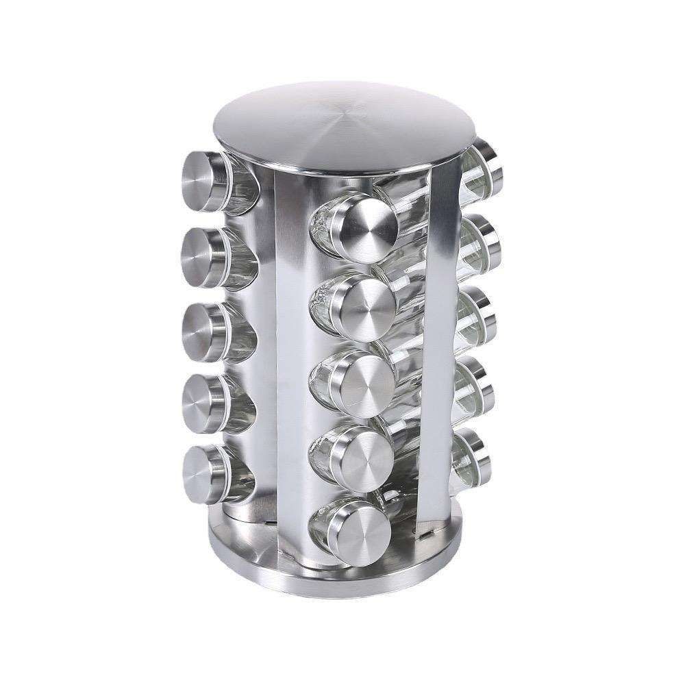 20 Glass Jars with Labels, Transparent, Rotating Spice Tower