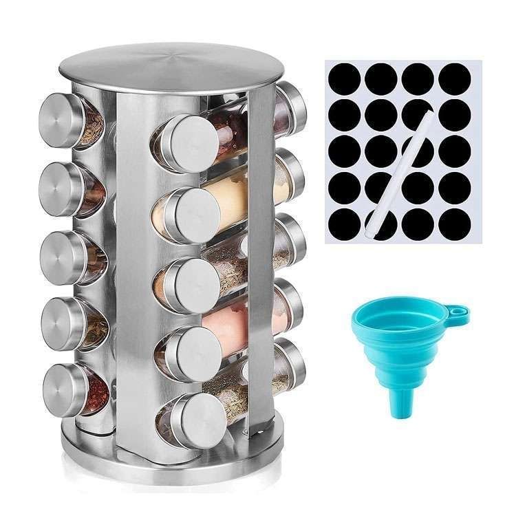 20 Glass Jars with Labels, Transparent, Rotating Spice Tower