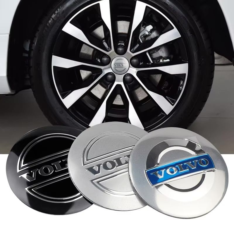 Volvo Center Caps 4-Pack, 64mm – Black, Silver, Blue Hub Emblem for Volvo Wheels