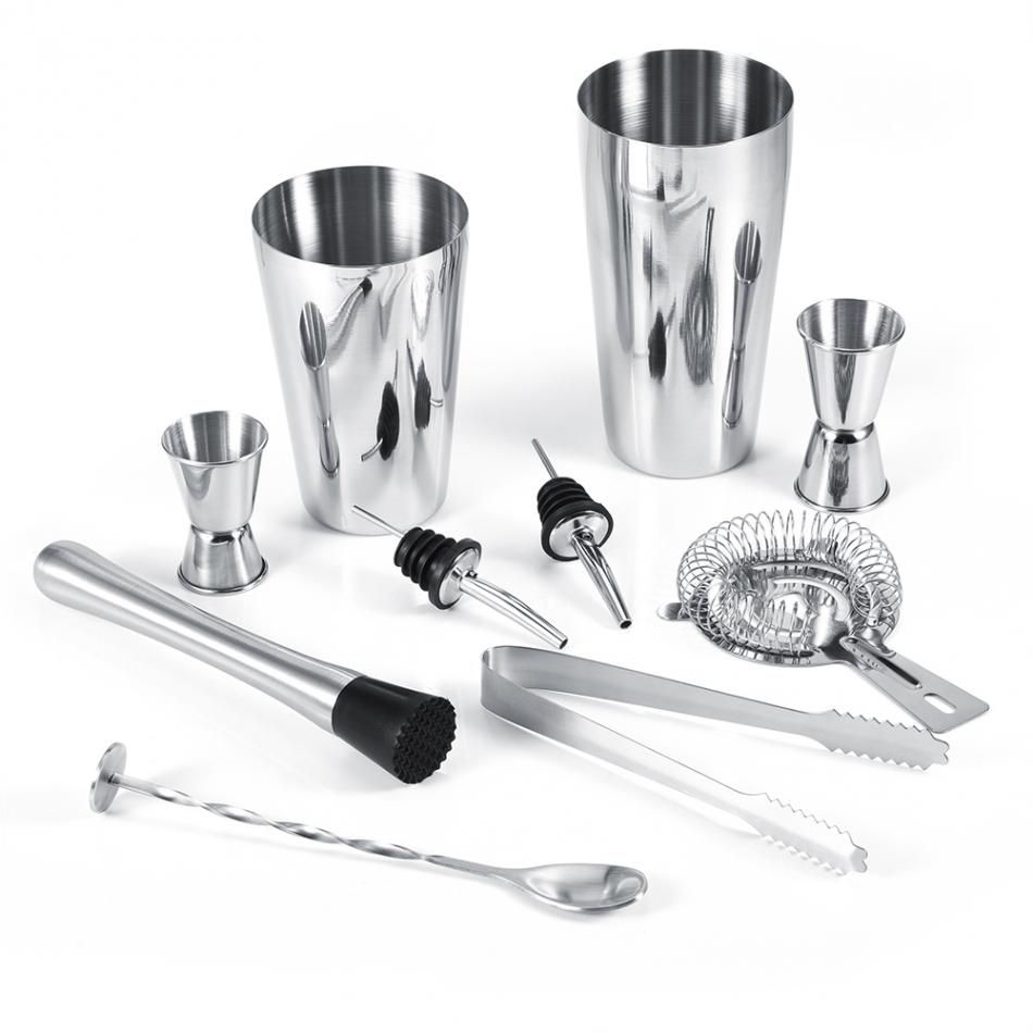 10-piece stainless steel cocktail set with 700ml shaker, bar accessories, silver