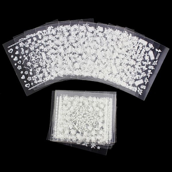 White nail decorations flowers stickers, 10 sheets