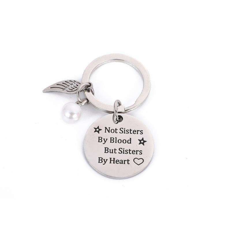 Sisters by Heart Keychain Stainless Steel Vintage Silver