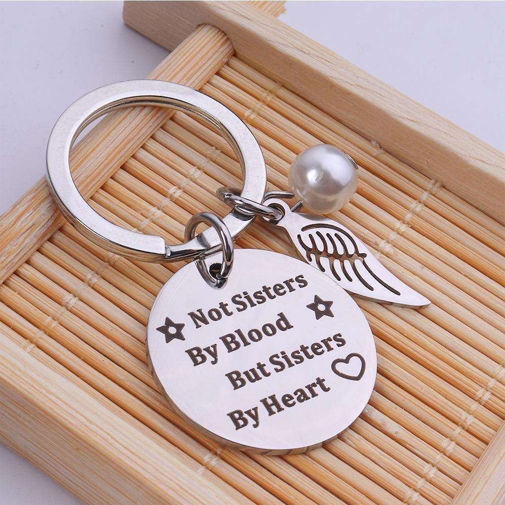 Sisters by Heart Keychain Stainless Steel Vintage Silver