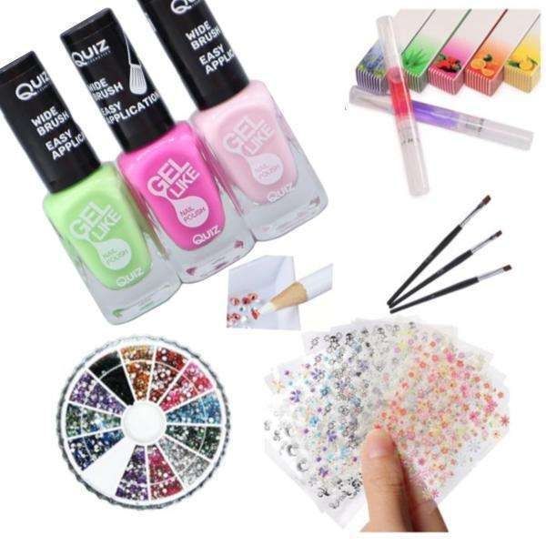 Nail kit with polish, rhinestones, and stickers, MultiColor