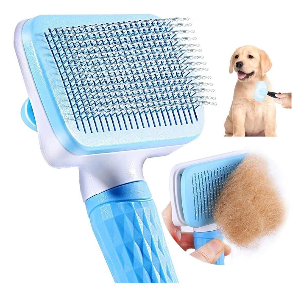 Self-cleaning pet brush, blue, for cats and dogs
