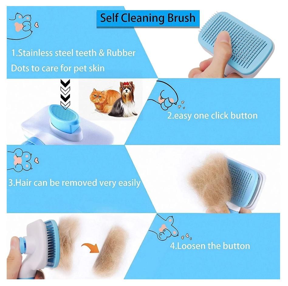 Self-cleaning pet brush, blue, for cats and dogs