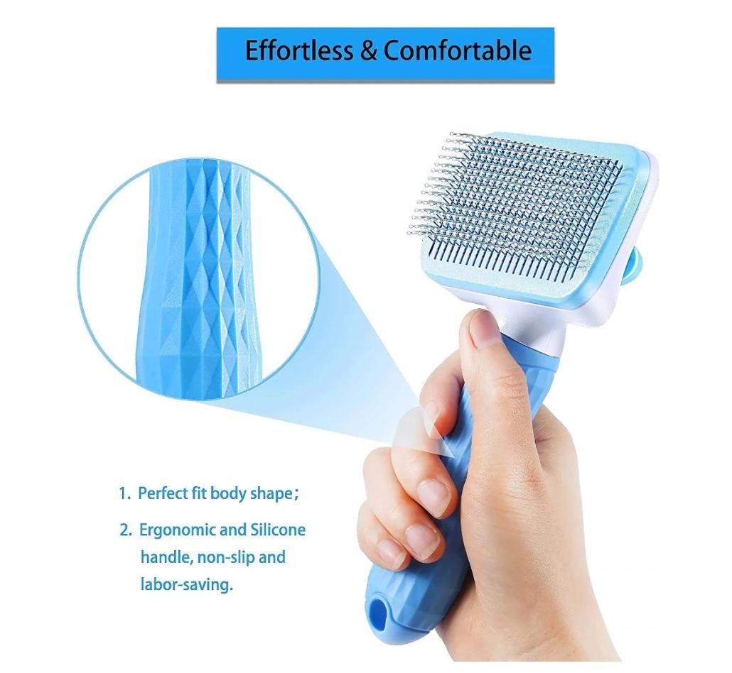 Self-cleaning pet brush, blue, for cats and dogs