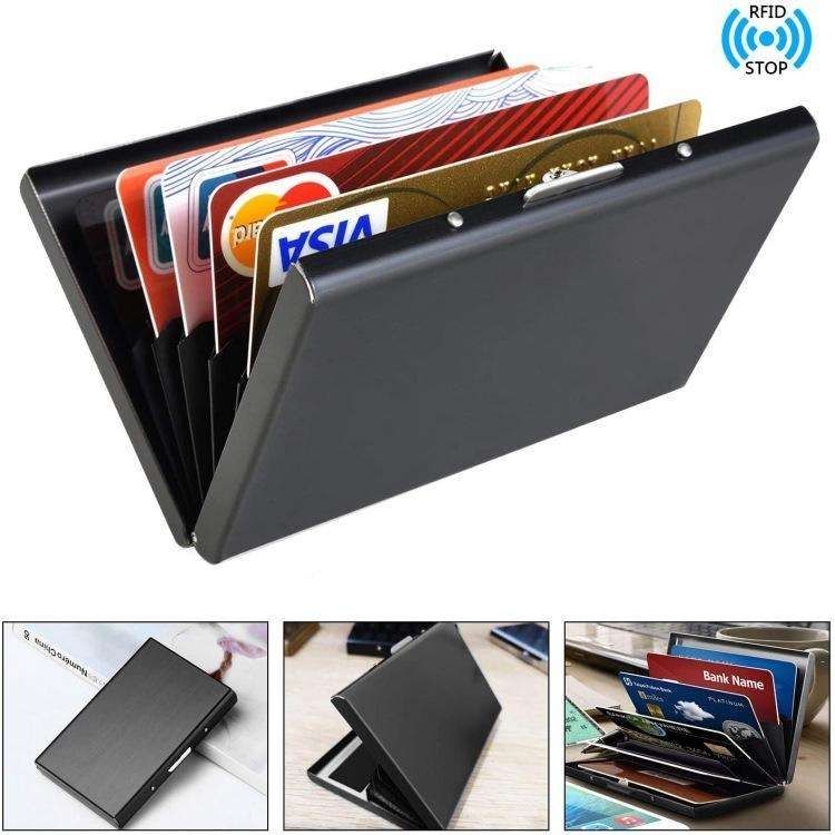 10-Card Slot Metal Wallet - RFID Protected Stainless Steel Card Holder with Compartments, Blue