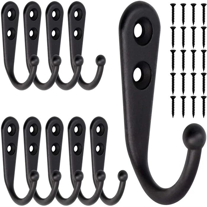 10pcs Black Wall Hooks with Screws, Coat Hangers