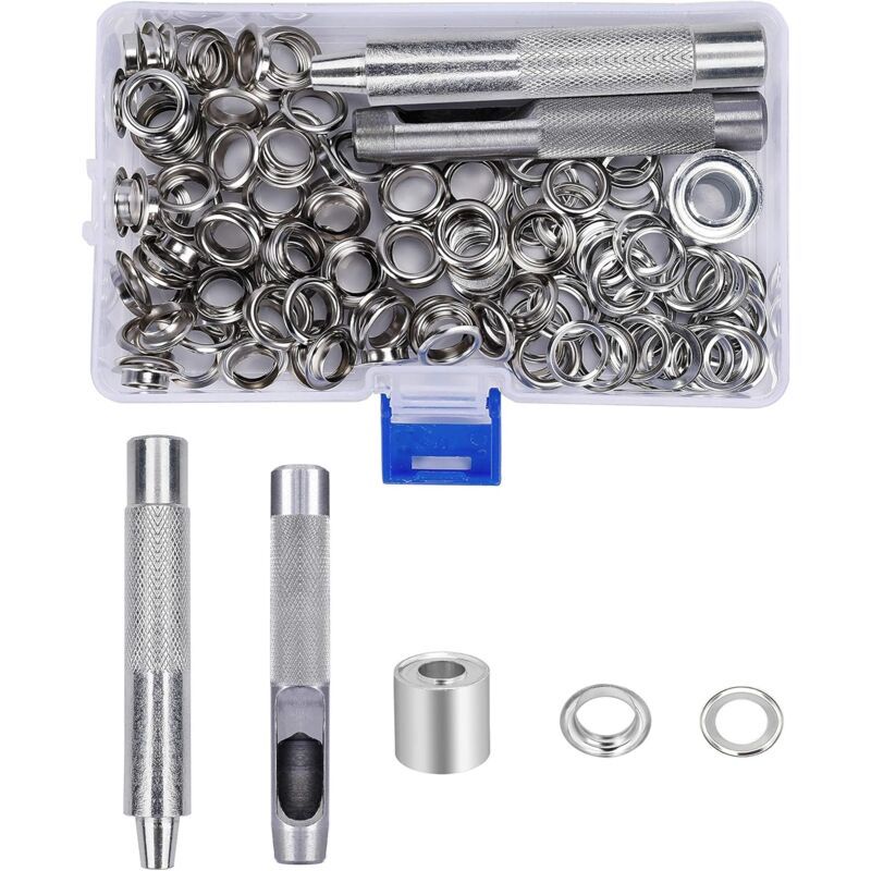 123 Pieces Eyelet Sets Grommets Metal Grommets Kit with Storage Box for Canvas Tarpaulin Tent Curtains Repair, 10mm