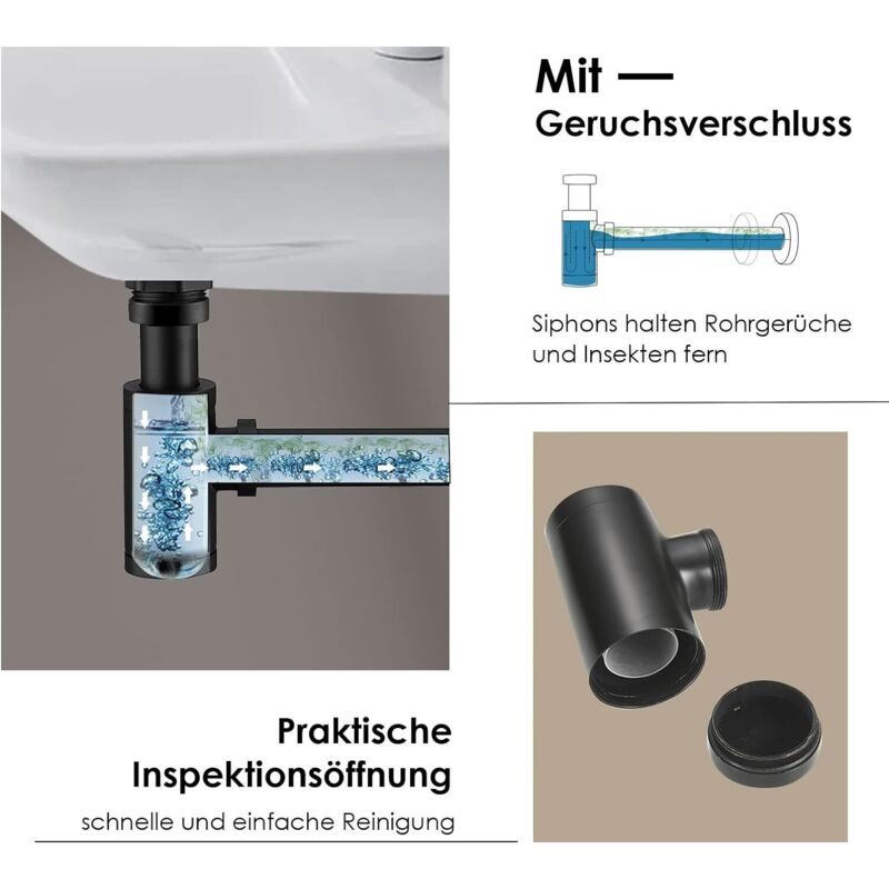 Brass Basin Drain, Keymark Universal Siphon with Extension Tube, 1 Adjustable Siphon Anti Odor Leak Proof, Matte Black, 0.25 x 32mm, 200mm