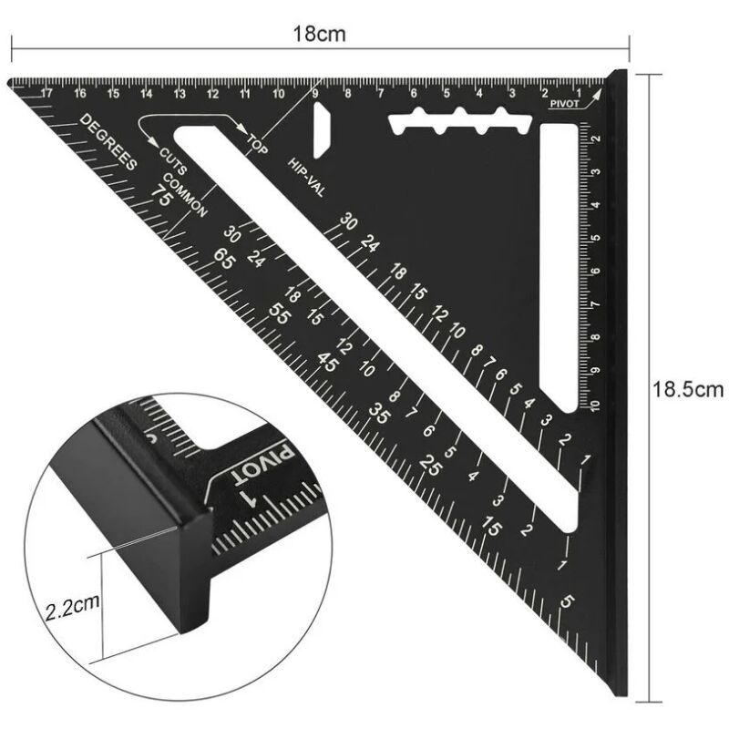 Metric System Metal Aluminum Ruler Square Ruler Guide Protractor Angle 45 90 Degrees Carpenter Tools Tracing Tool Wood Carpentry Guide, 180 mm