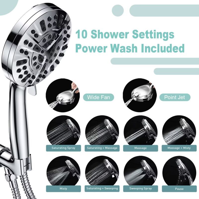 High Pressure Handheld Shower Head with 8 Spray Settings and 2 Spray Modes with Stainless Steel Hose, 1.5m