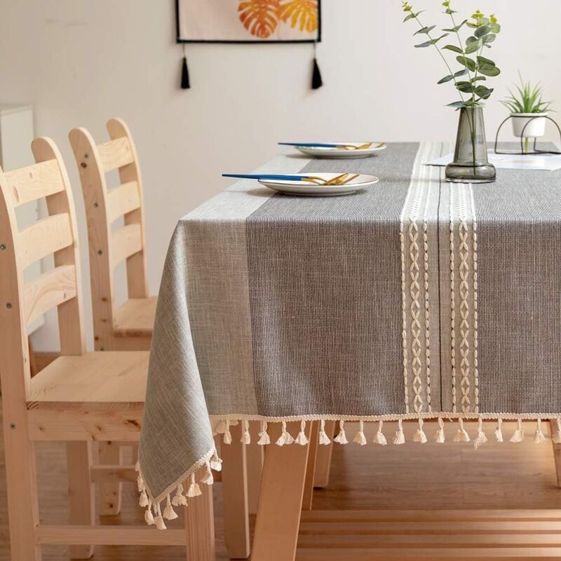 Tablecloths, Embroidery Table Cloth Washable Cotton Linen Tassel Tablecloth, Anti Fade Wrinkle Free Table Cover, Grey, 110 x 170cm