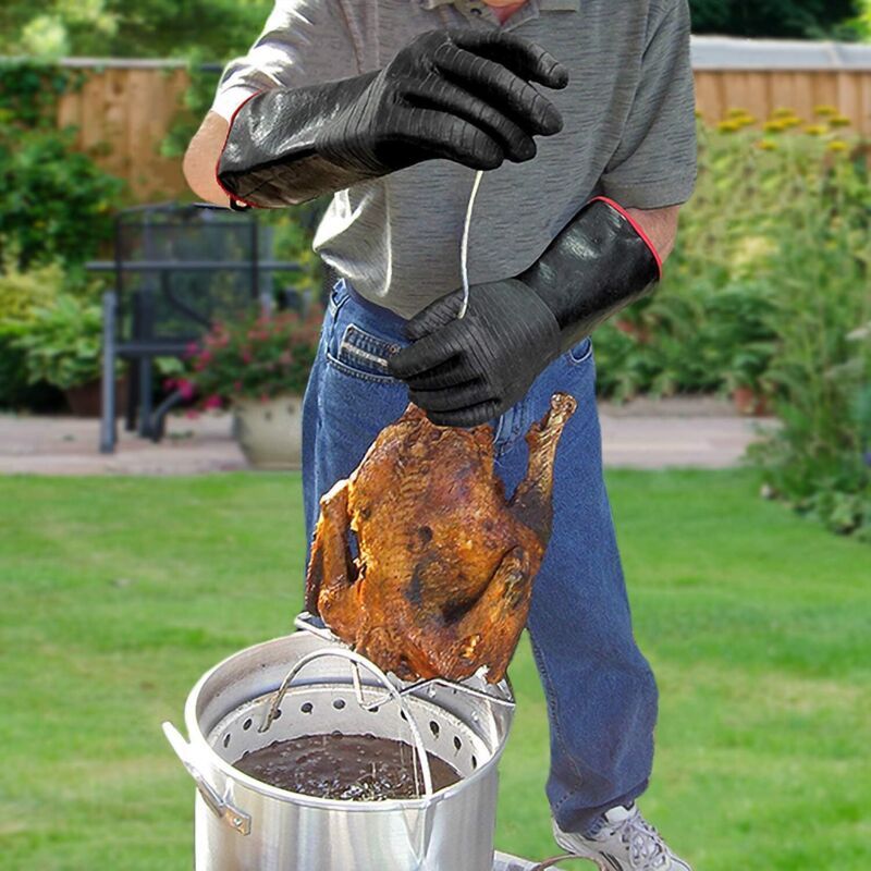 BBQ Gloves Waterproof Heat Resistant Turkey Fryer Cooking Gloves with Non Slip Textured Handle, 18 Inch