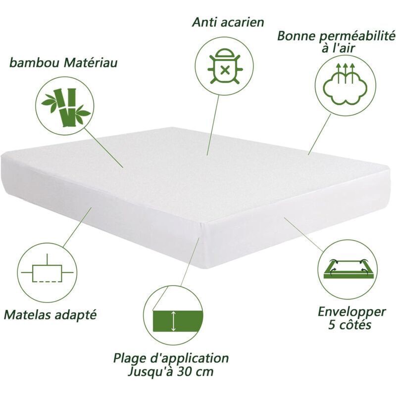 Waterproof Bamboo Mattress Protector, Soft and Hypoallergenic, Anti-Dust Mite and Bacteria, Breathable, 200 x 200 cm, 30 cm