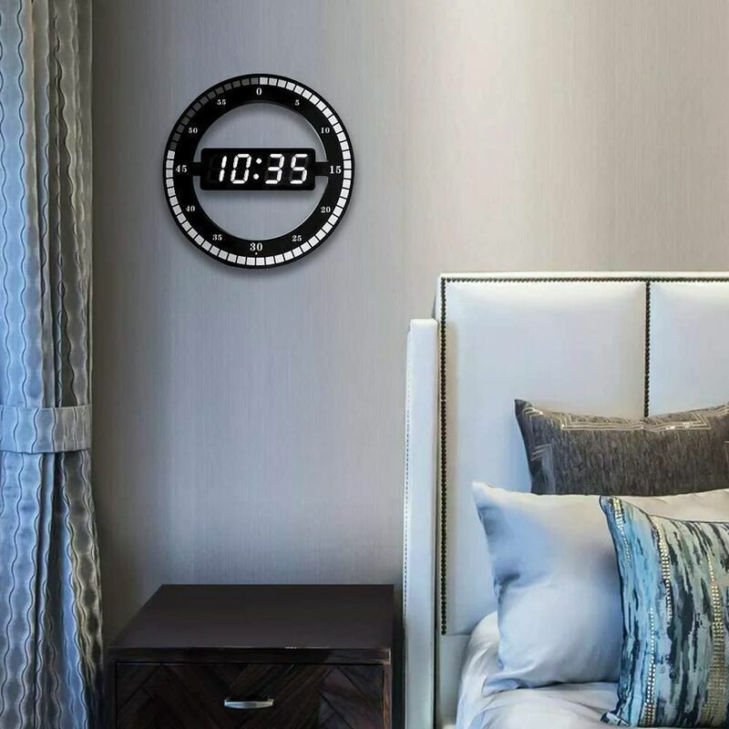 Silent LED Digital Table Clock, Black Electronic Wall Clock, Round Desk Clock, for Bedroom, Living Room and Office, 30 cm
