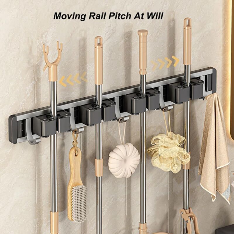 Aluminum Wall Mounted Broom Holder, No Drilling, Adhesive Holder with Hook, Storage, Tool Holder for Kitchen, Garage, Garden, Bathroom, Grey
