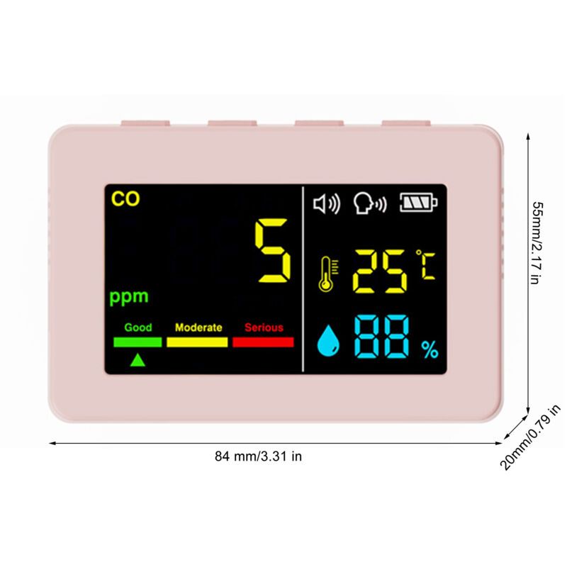 3-in-1 Portable Air Quality Meter, CO, Temperature and Humidity, Color Screen, Carbon Monoxide Detector with Voice Alarm and Battery Display