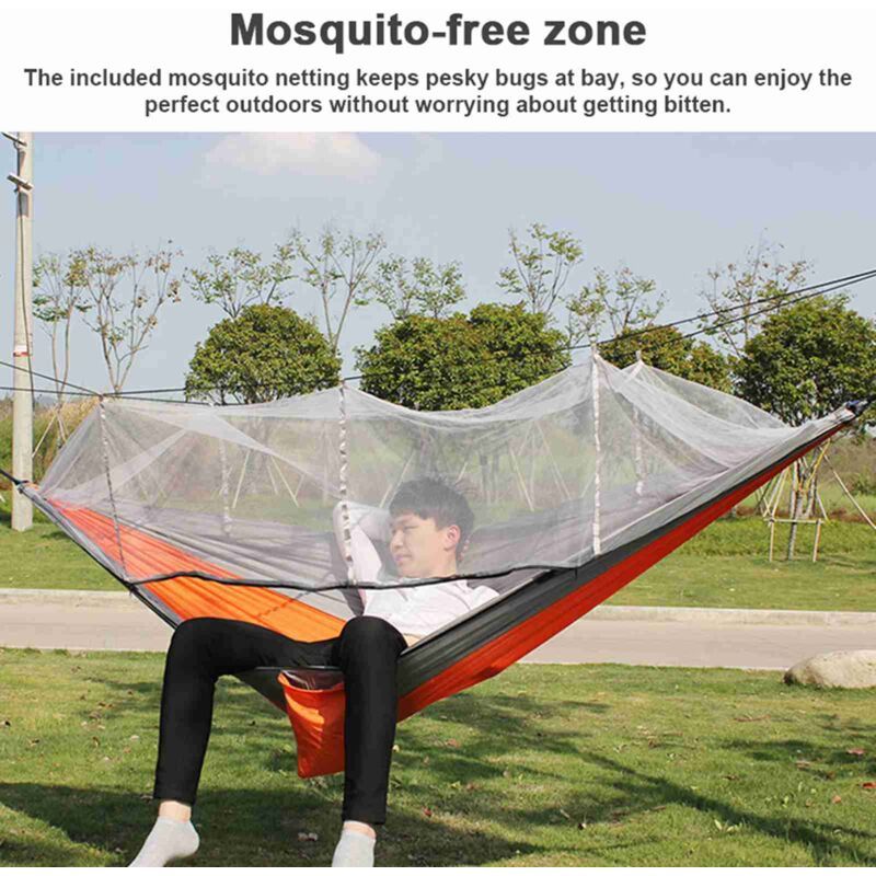 Automatic Quick Open Hammock with Mosquito Net Portable Outdoor Camping Hammock Anti-Rollover Nylon Hammock, Orange and Gray, 260 x 140 cm