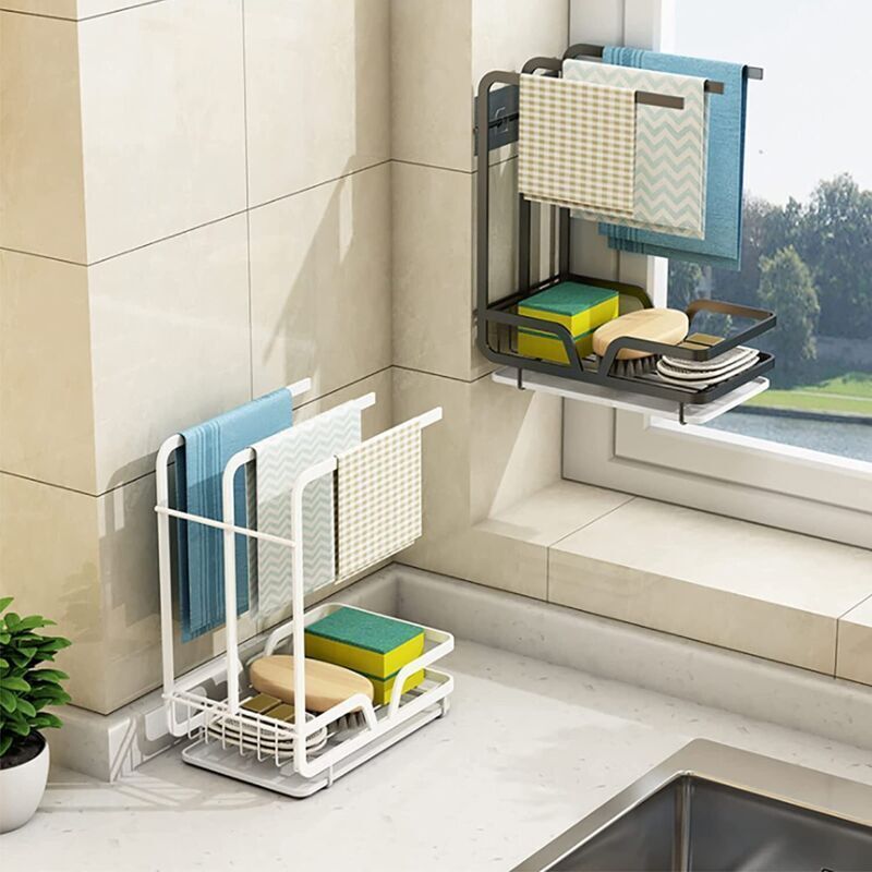Sink Organizer, Wall Mounted Drainer for Towels, Sponges, Brush with Drip Tray for Kitchen and Bathroom, White
