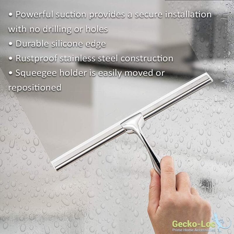 Bathroom Shower Squeegee with Suction Cup Hook for Glass, Mirror, Door Cleaning Rustproof Stainless Steel