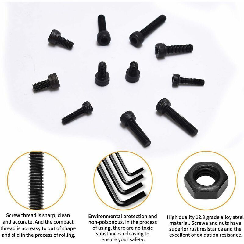 1225 Pcs Kit M2 M3 M4 M5 Carbon Steel Hex Socket Head Cap Bolts Screws with Nuts Assortment, Black