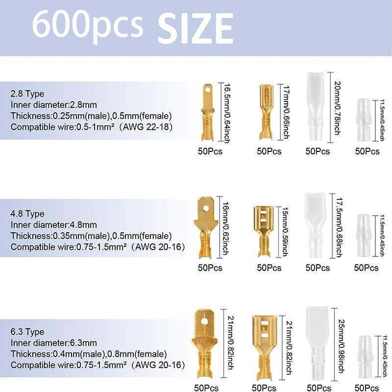 600 Pcs Brass Crimp Terminals, Electrical Lug with Insulated Sleeve Male Female Spade Wire Connectors Crimp Terminal, 2.8 mm, 4.8 mm, 6.3 mm