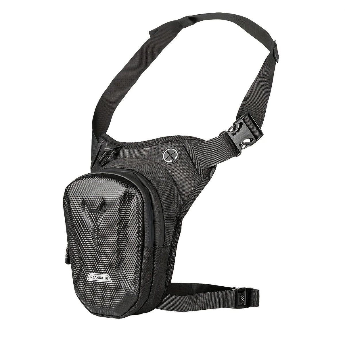 Motorcycle Leg Bag Thigh Waist Pack, Hard EVA Shell Large Capacity With Reflective Strip And Earphone Port For Riding Travel, Black, 14.5 x 8 x 20 cm