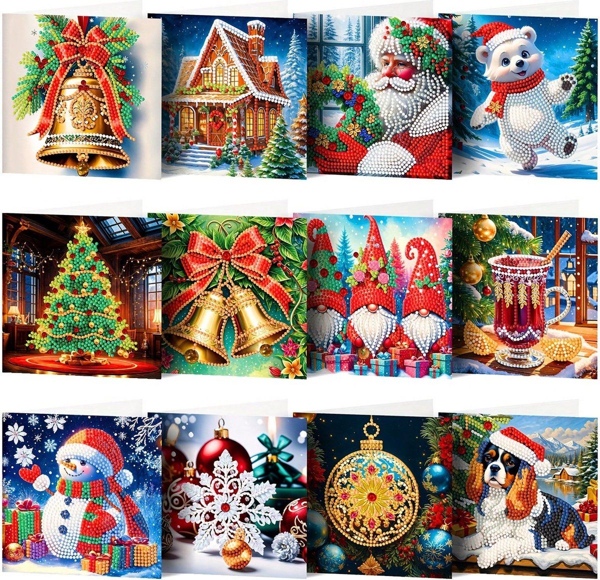 Christmas Diamond Painting Greeting Cards Kit, 12 DIY Sparkly Holiday Cards With Envelopes And Round Rhinestones, For Kids And Adults Crafting