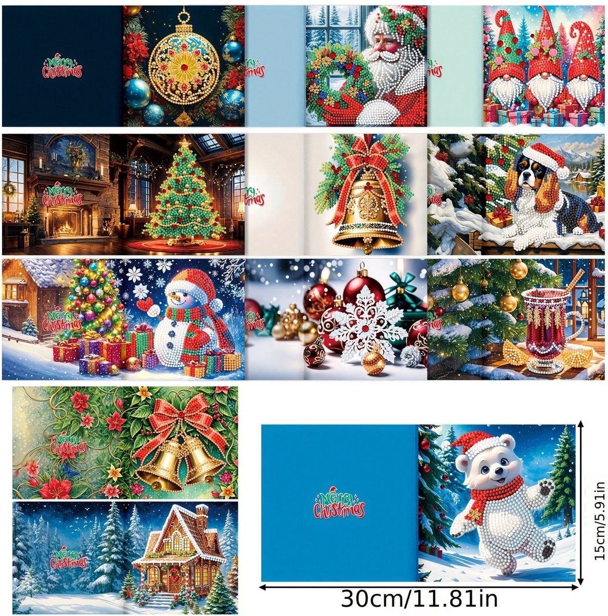 Christmas Diamond Painting Greeting Cards Kit, 12 DIY Sparkly Holiday Cards With Envelopes And Round Rhinestones, For Kids And Adults Crafting