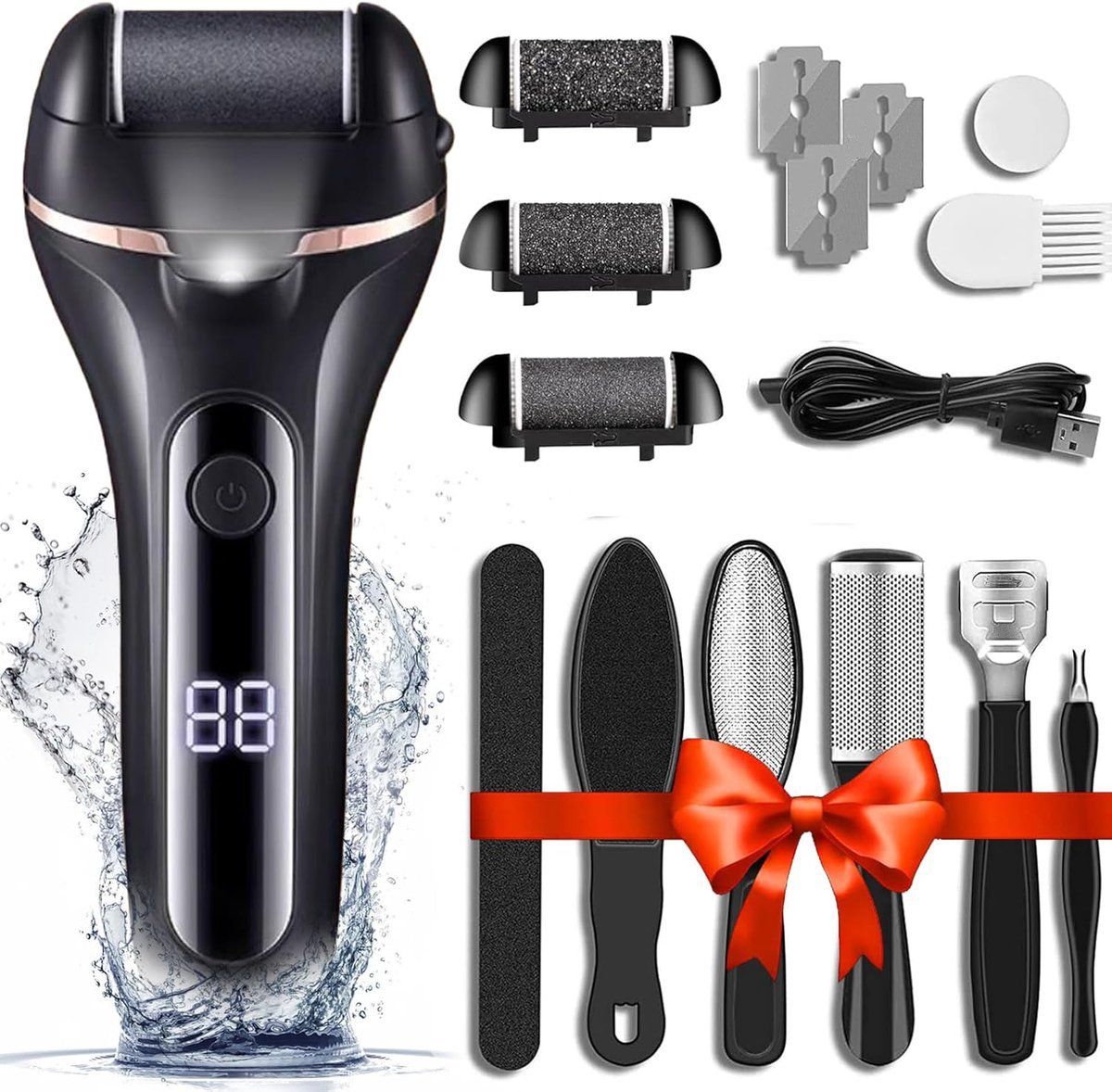 Electric Callus Remover For Feet, Rechargeable Pedicure Kit With 3 Roller Heads, 2 Speeds LED Display For Dry Dead Skin, Black