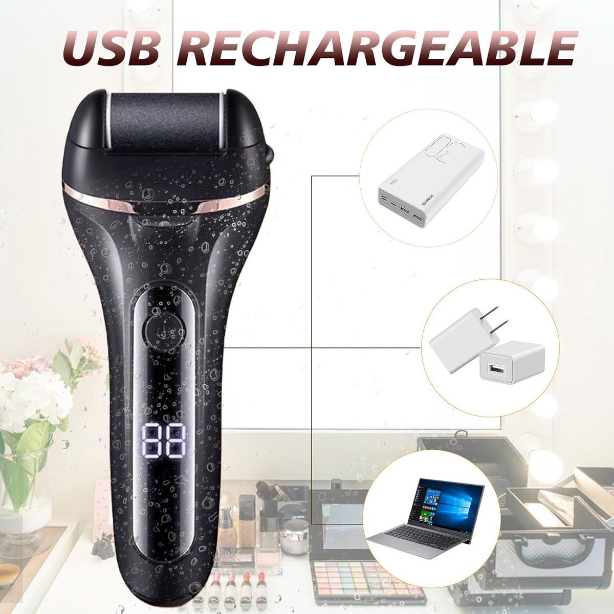 Electric Callus Remover For Feet, Rechargeable Pedicure Kit With 3 Roller Heads, 2 Speeds LED Display For Dry Dead Skin, Black