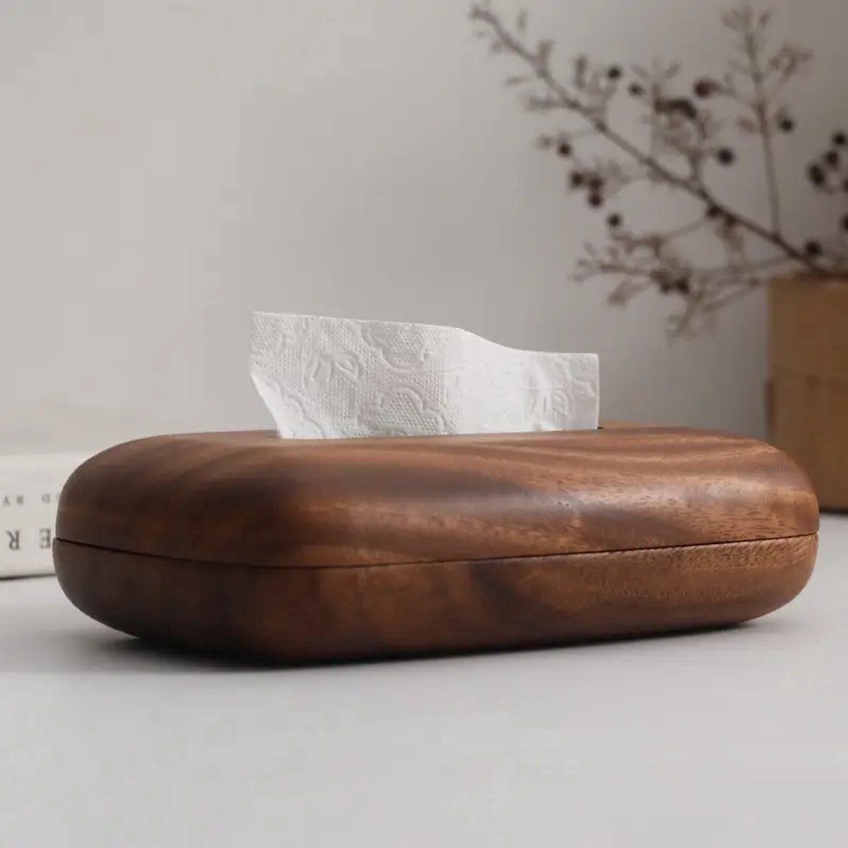 Tissue Box Cover With Walnut Wood Lid, Magnetic Easy Refill, Durable Plastic Base, For Bathroom Office Desk Nightstand, Brown
