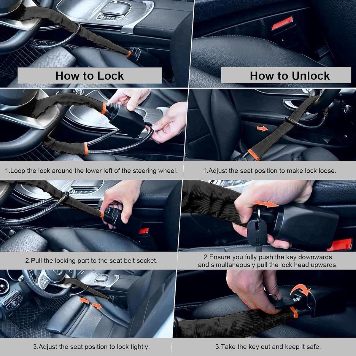 Car Steering Wheel Lock With Seat Belt Anchor, Cut Resistant Steel Cable, Anti Theft Security, Black, 3 Keys, 72 cm