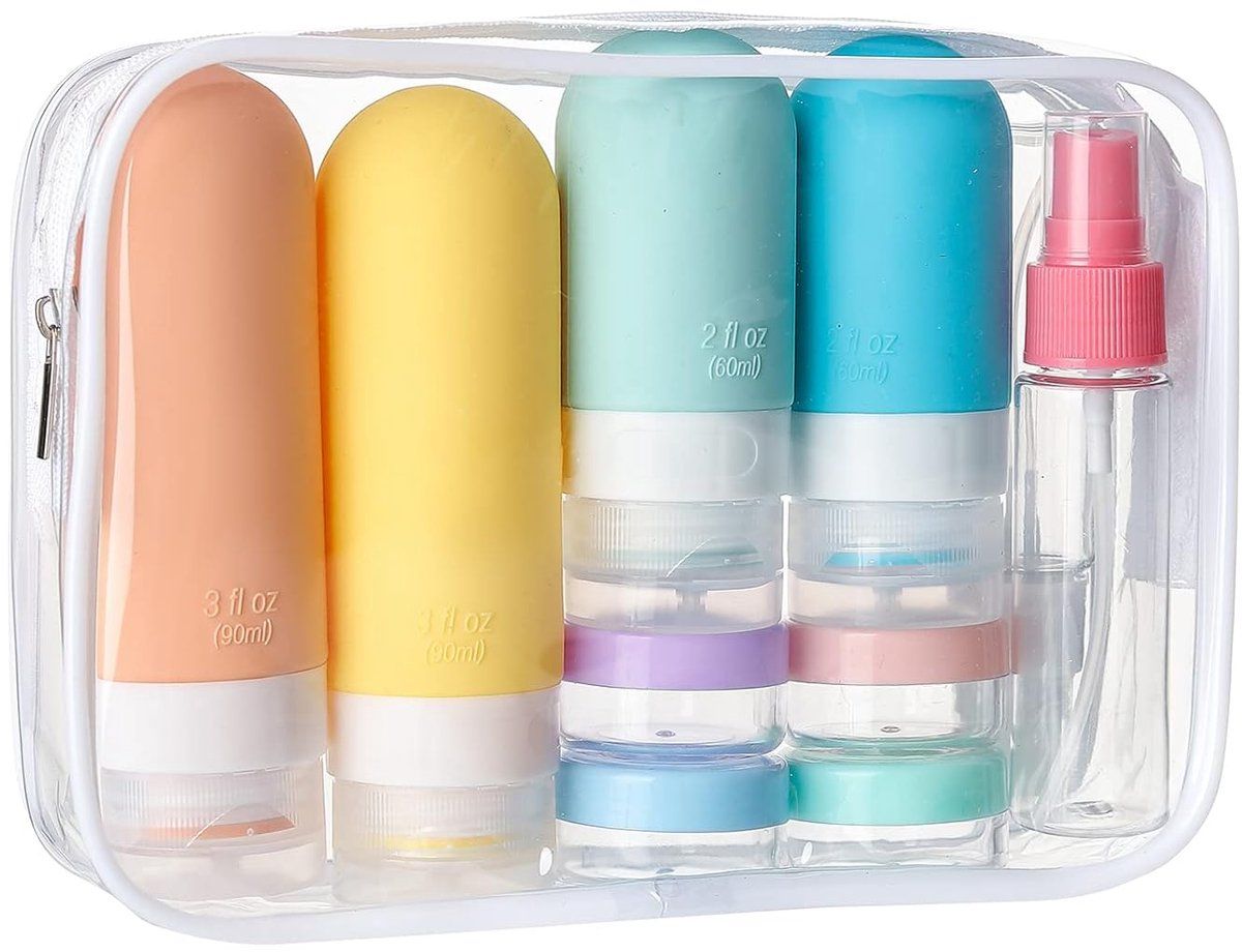 16 Piece Travel Bottle Set With Case, Refillable Silicone Toiletry Containers With Funnel Brush Labels For Carry On Shampoo Lotion, White Bag, 90 ml