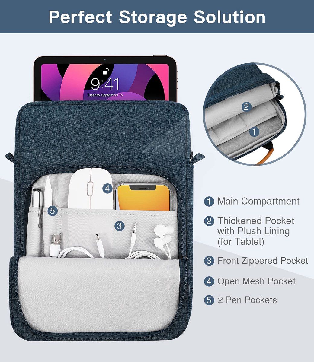 Laptop Shoulder Bag Sleeve, Water Resistant Oxford Fabric With Extra Pockets, For Travel Work School, Blue, 13.3 in