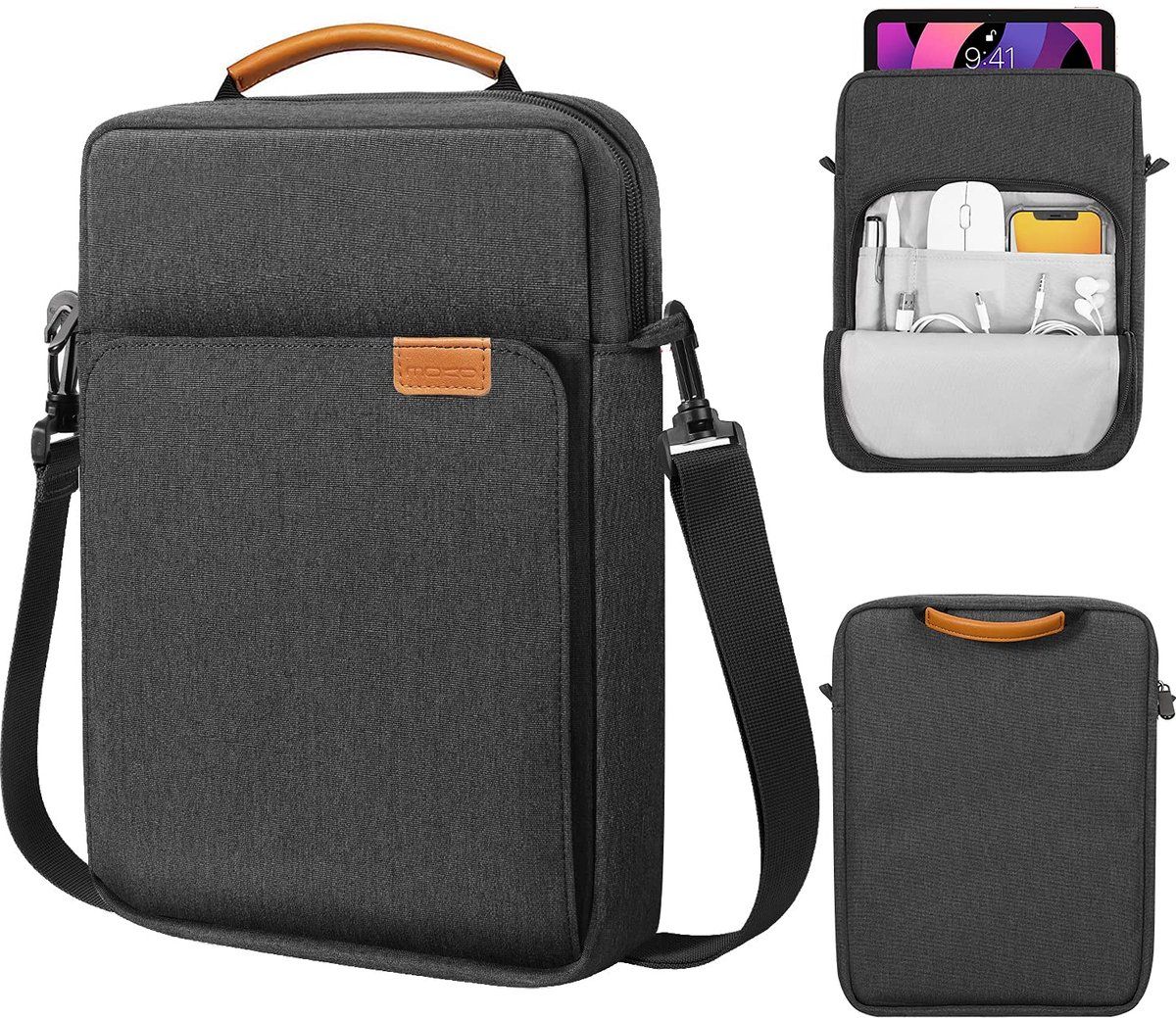 Laptop Sleeve Bag With Water Resistant Oxford Fabric, Extra Pockets And Shoulder Strap, For Tablet Laptop Travel And Commute, Black Gray, 9 to 11 in