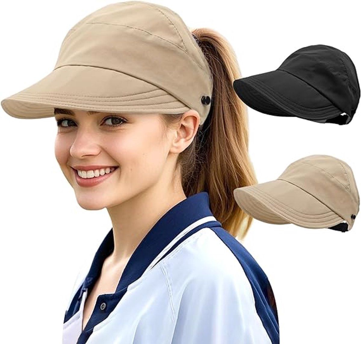 2 Pack Womens Sun Hats, Wide Brim Quick Dry Polyester With Ponytail Hole, Coffee Hat And Black Face Mask